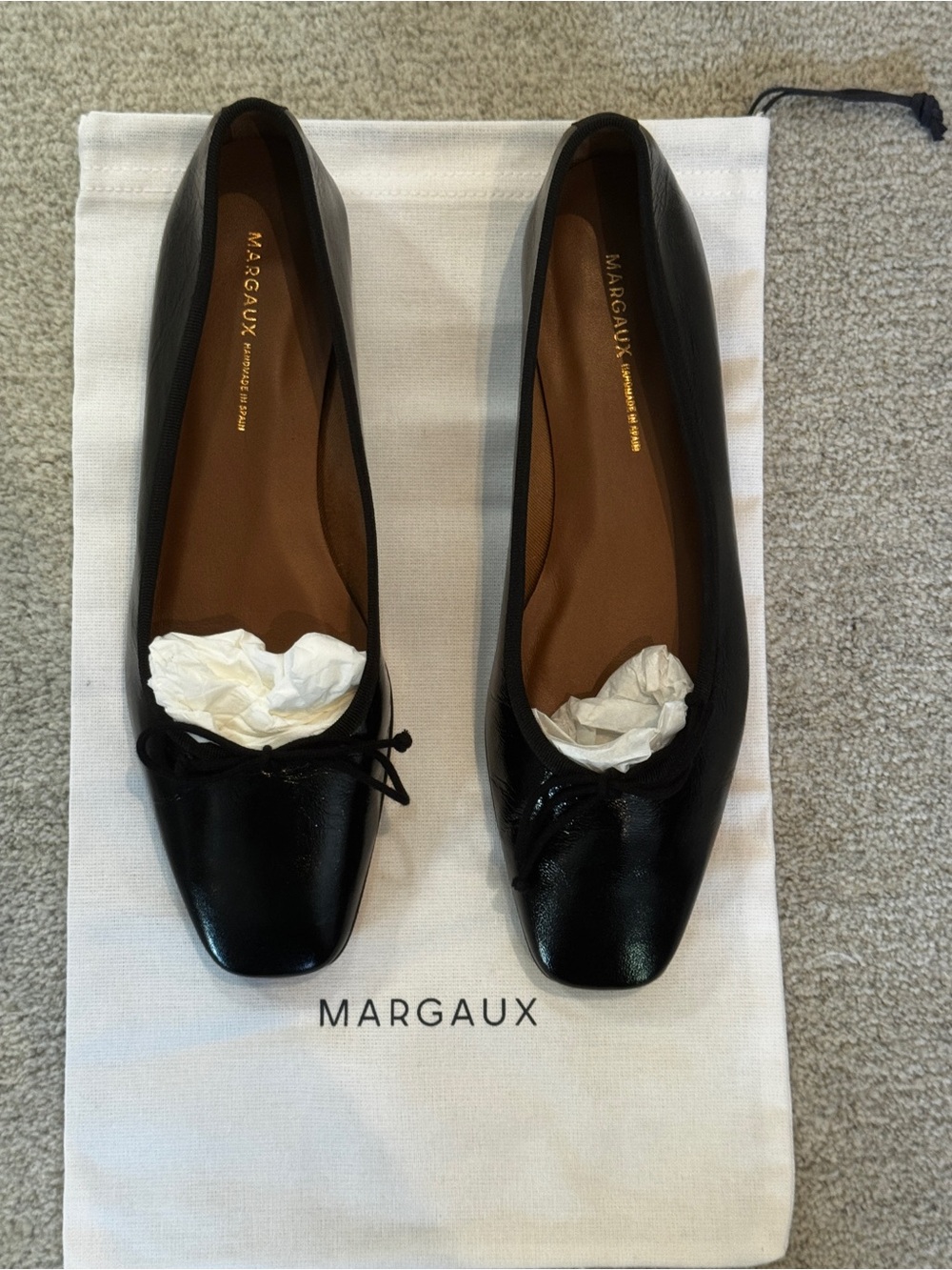 Margaux Fonteyn Crinkle Gloss Black Leather Square-Toe Ballet Flats with Bow